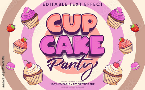 editable cup cake party text effect with illustration of cup cake party
