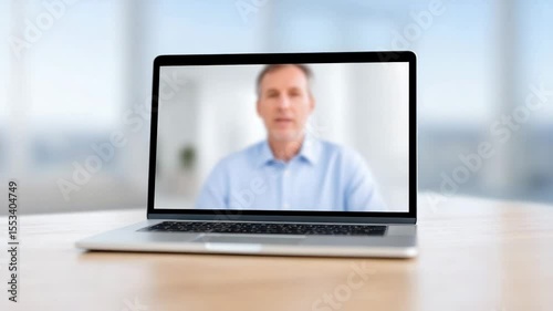 Virtual Communication: A man conducts business from the comfort of his home, engaged in a video conference call on a laptop, fostering connections and remote collaboration
