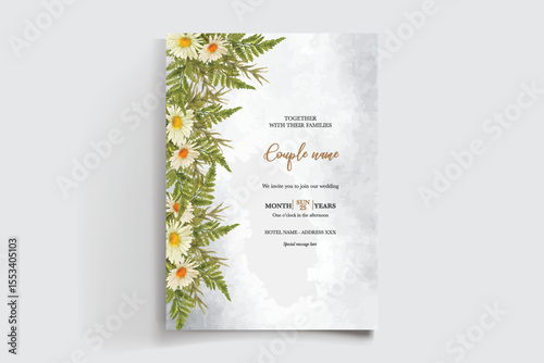 WEDDING INVITATION FRAME WITH FLOWER DECORATIONS AND FRESH LEAVES