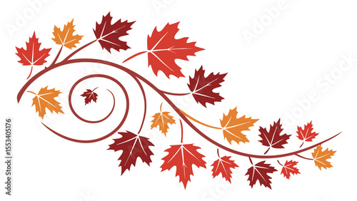 Stylized autumn maple leaf branch with swirling vine and falling leaves in red and orange hues