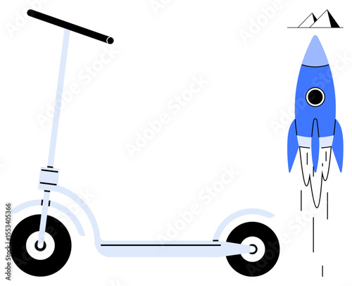 Electric scooter placed beside a blue rocket in flight, symbolizing speed and innovation. Ideal for technology, mobility, progress, modern travel, efficiency, futuristic concepts, and creativity
