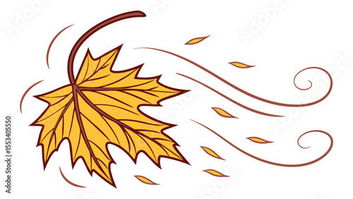 Stylized illustration of a golden maple leaf blowing in the wind with swirling lines and smaller leaves