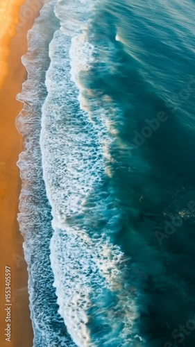 Waves rolling onto golden sandy beach from aerial view in daylight, seamless looping 4k time-lapse animation video background. Nature concept