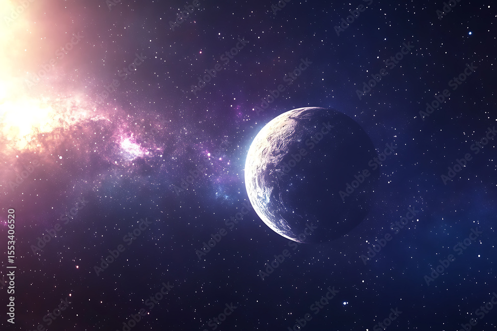 Obraz premium A stunning digital rendering of a planet illuminated by a nearby star, surrounded by a glowing galaxy and countless stars. Perfect for sci-fi, astronomy, or cosmic concept visuals.