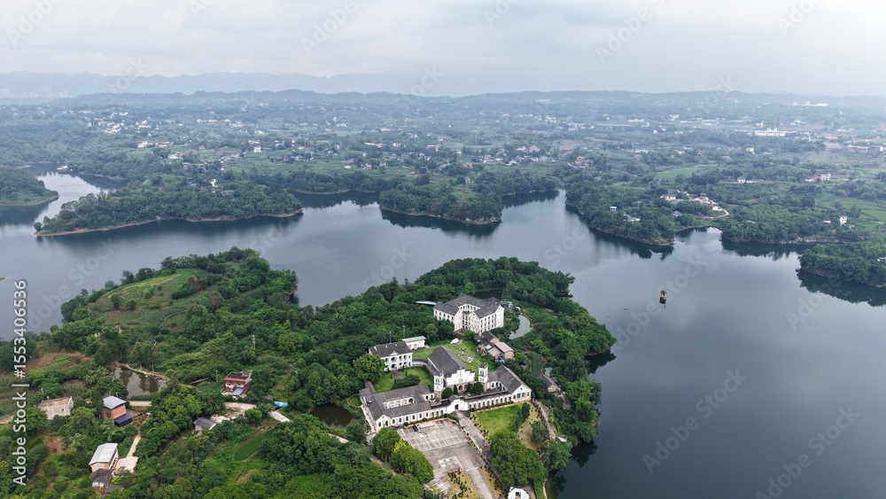Obraz premium Classical Catholic Church on an island on the lake, Chongqing, China