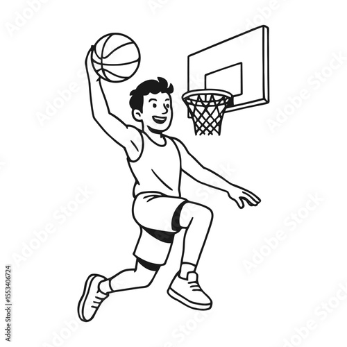 Outline Illustration of a Young Man Dunking a Basketball