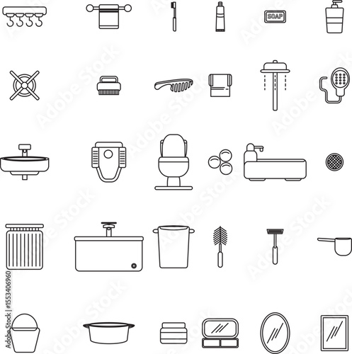 Editable stroke bathroom icon set featuring line art of hygiene items, toiletries, and fixtures. Home appliances icon set. Perfect for UI design, infographics, or interior illustrations.