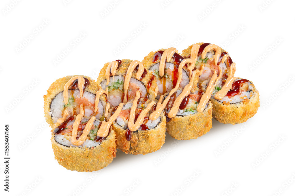 Fototapeta premium Golden tempura sushi rolls with shrimp, rice, vegetables and spicy sauce topping. Isolated on white background, perfect for restaurant menus, food delivery, or web design