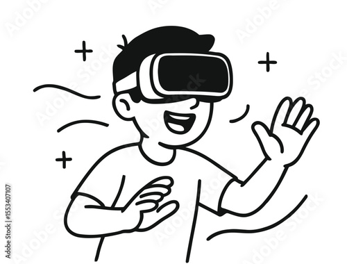 Cartoon Boy Playing with Virtual Reality Headset - Black and White Line Art
