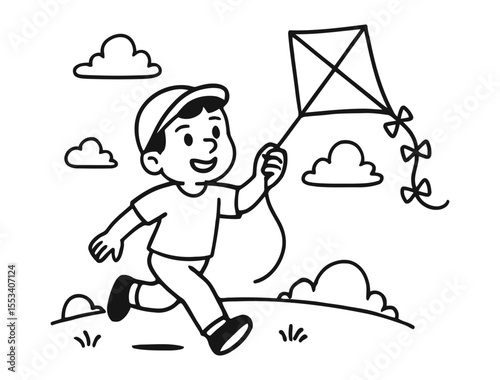 Simple Outline Drawing of Happy Boy Flying a Kite