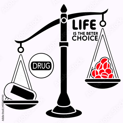 Life vs. Drugs: Choose the Better Path, International Day Against Drug Abuse,Drug-Free Message,design, social message, smile, character, gift, funny, design, card, art, cartoon