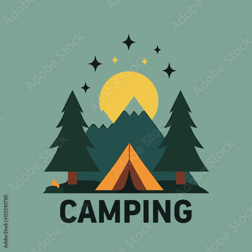 Stylized camping logo with yellow tent, sun, stars, pine trees and mountains on a green background