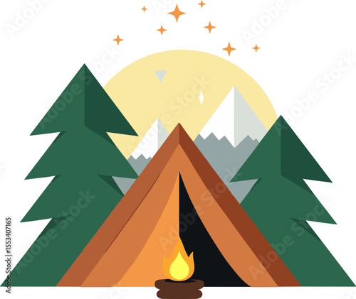 Minimal camping illustration with brown tent, fire, pine trees and golden sunrise behind snow-capped mountains