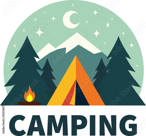 Camping logo with orange tent, pine trees, mountains, stars and crescent moon in a circular design