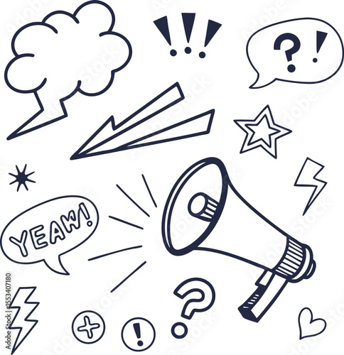 Hand drawn doodle elements including a megaphone speech bubbles stars lightning bolts and punctuation marks