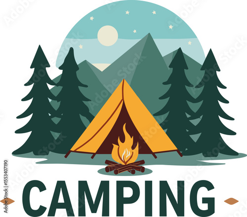 Camping illustration with yellow tent, campfire, pine trees, mountains and full moon in a peaceful night landscape