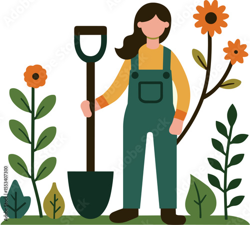 Flat vector of a female gardener holding a shovel, surrounded by flowers and leaves. Gardening and nature concept