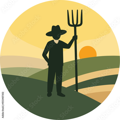 Vector silhouette of a farmer holding a pitchfork over agricultural fields at sunset. Rural farming and landscape concept