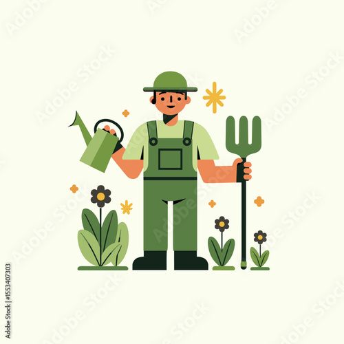 Flat vector of a smiling gardener holding a watering can and pitchfork, surrounded by flowers and plants. Gardening character illustration