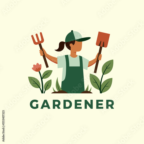 Vector illustration of a female gardener holding gardening tools, standing among leaves and flowers. Flat minimal gardening design