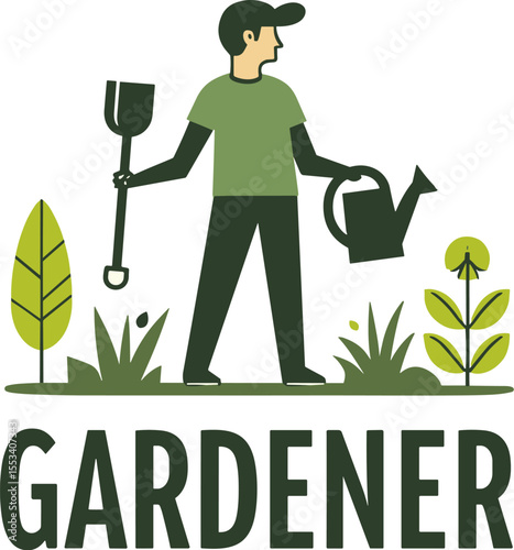 Vector illustration of a modern gardener with shovel and watering can, standing among green plants. Gardening concept in flat style