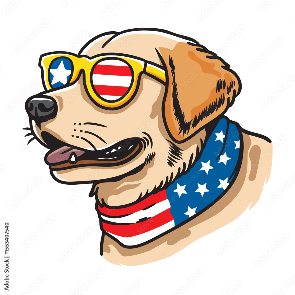 Naklejka premium Dog wearing american flag bandana and sunglasses in american flag background, vector illustration for the 4th of July, independence day, memorial day, veterans day, freedom day, patriotism symbol