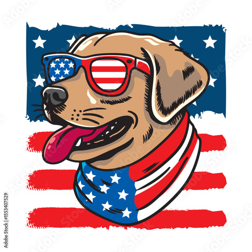 Dog wearing american flag bandana and sunglasses in american flag background, vector illustration for the 4th of July, independence day, memorial day, veterans day, freedom day, patriotism symbol