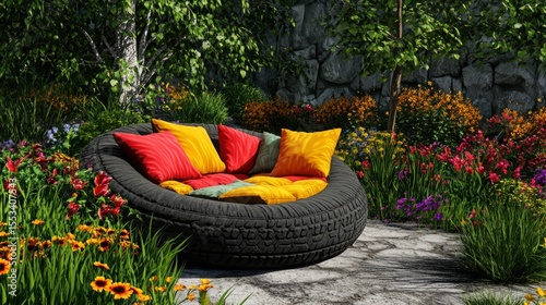 Tire-shaped garden lounge, colorful cushions, flowers