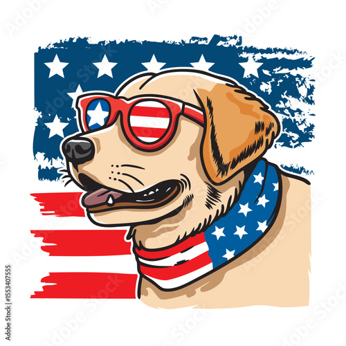 Dog wearing american flag bandana and sunglasses in american flag background, vector illustration for the 4th of July, independence day, memorial day, veterans day, freedom day, patriotism symbol