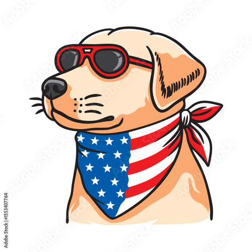 Dog wearing american flag bandana and sunglasses in american flag background, vector illustration for the 4th of July, independence day, memorial day, veterans day, freedom day, patriotism symbol