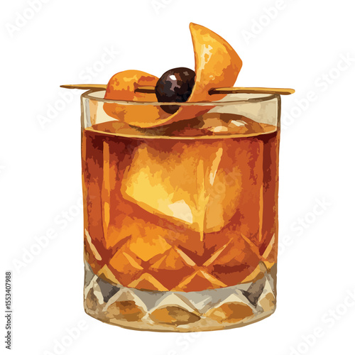  Watercolor vector illustration of Old Fashioned cocktail. Isolated on white background. 