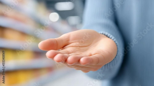Open Hand in Shopping: A person's open hand stretches out in a grocery store aisle, symbolizing choice, selection, and opportunity amidst rows of products.
