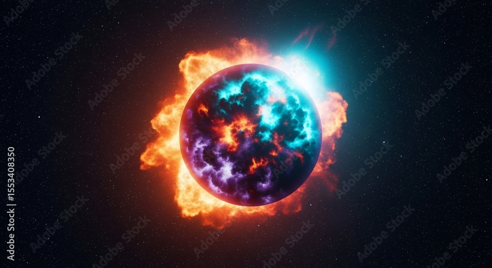 Naklejka premium Fiery Colorful Planet in Space with Nebula and Stars