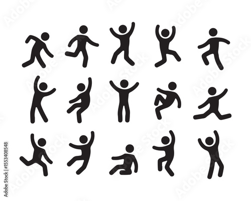 Dynamic Set of Black Stick Figures in Various Poses of Activity and Joy