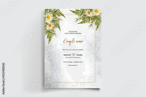 WEDDING INVITATION FRAME WITH FLOWER DECORATIONS AND FRESH LEAVES