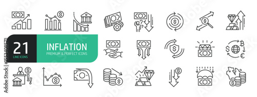 Set Of Inflation Line Icons. The set includes a  Money, Economic, Business, Core Inflation, Price Level, Inflation Rate, Purchasing Power, Economic Crisis, and more.