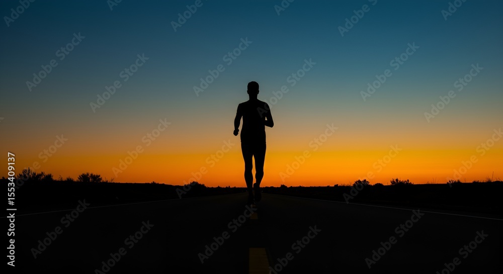 Fototapeta premium Solitary Runner Silhouetted Against Vibrant Sunset