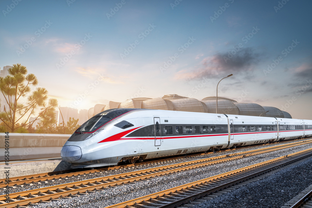 Naklejka premium High-Speed Train at Sunrise