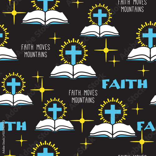 Christian Symbol Holy Bible and Glow Cross Pattern. This seamless design is ideal for use in digital and print media, including textiles, wallpapers, and stationery.