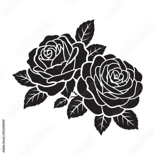 Wallpaper Mural Elegant Rose Silhouette Artwork Two Blossoms and Leaves Botanical Illustration Black and White Floral Design Torontodigital.ca