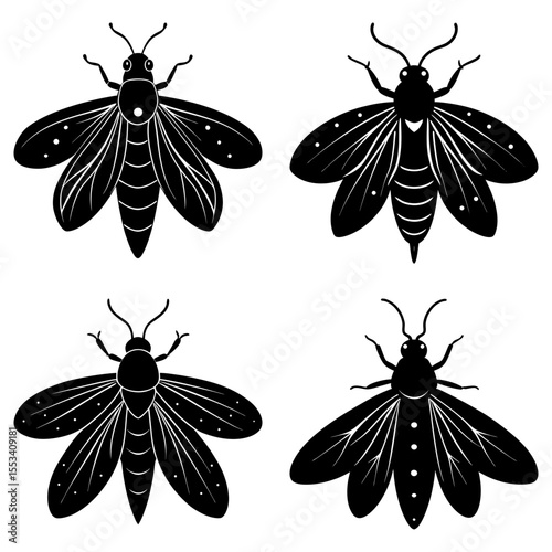 Four insect silhouettes isolated on white background in a simple design
