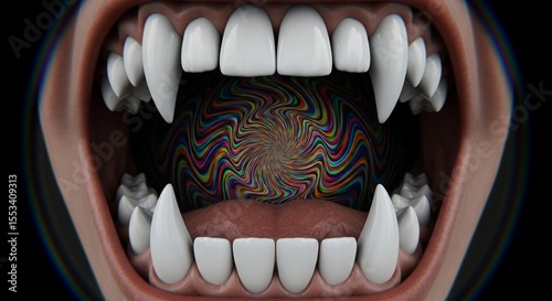 Open Mouth with White Fangs and Colorful Swirl in Dark Void