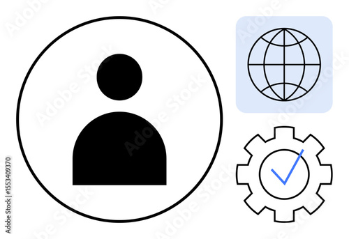 Human user profile in a circle, globe symbol indicating global connection, gear with checkmark showing quality assurance. Ideal for user authentication, profile management, global accessibility