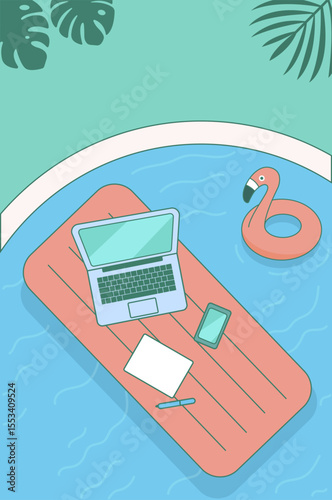 Freelance concept. Working remotely on the laptop computer through the internet. Working while travelling. Summer vacation in the swimming pool. Vector flat illustration