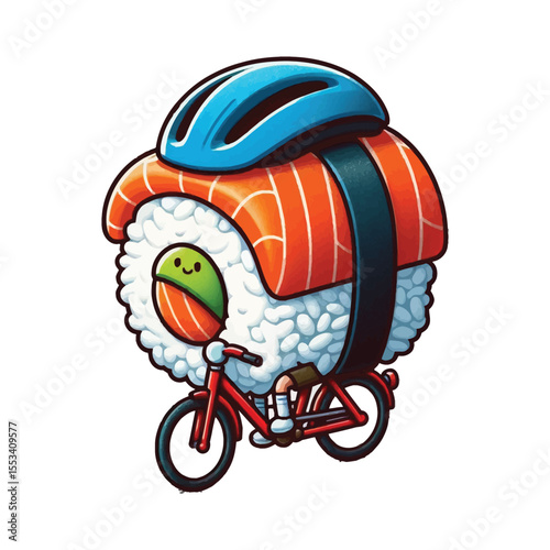  a sushi roll, with a layer of white rice underneath and the signature orange slice of raw salmon  on top.The sushi is wearing a blue helmet on its head, sitting on a red bicycle 