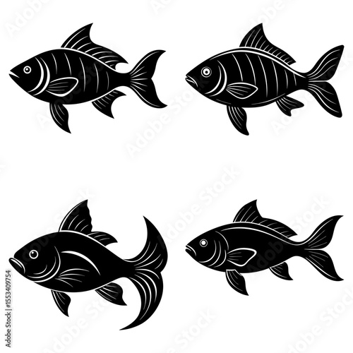 Four fish silhouettes isolated on white background