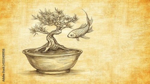 Hand-drawn bonsai tree and fish on textured paper