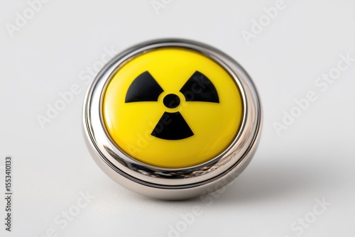 Free Download Radioactive symbol displayed prominently on a round, yellow button with a metallic edge, warning of radiation. - GFXLoad