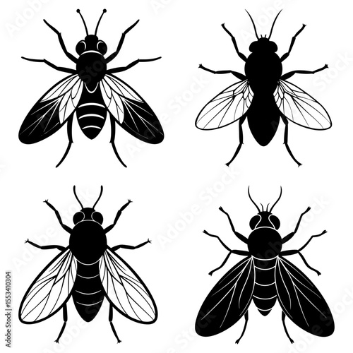 Four flies isolated on white background in a simple graphic style