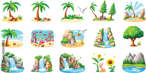Collection of cartoon landscapes featuring tropical islands waterfalls forests and marine life.